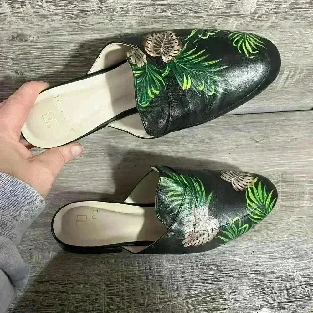 Alepel Palm Leaf Leather Mules Green Black Brazil Slip On Shoes Women Size 8